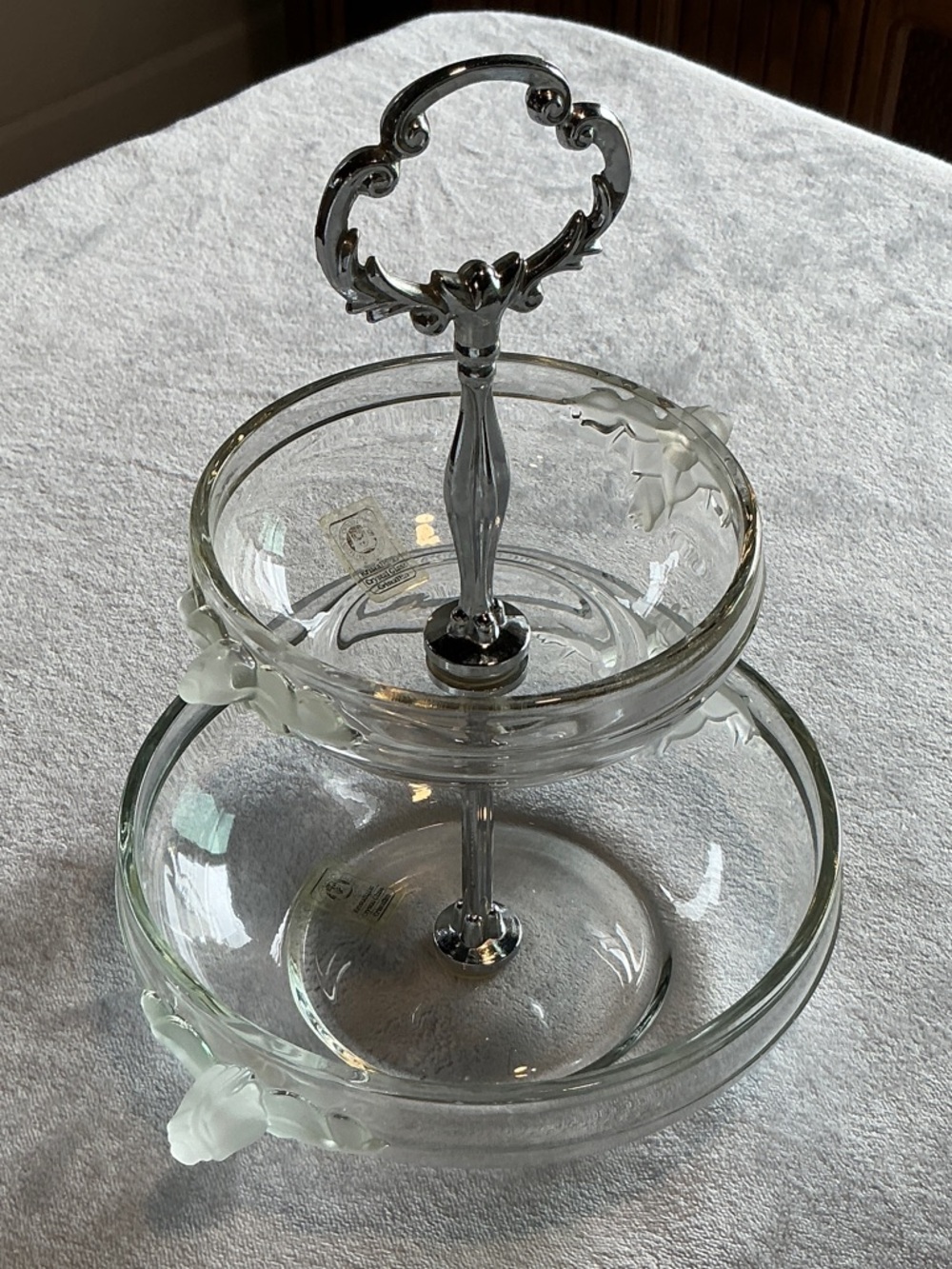 Two-Tier Glass Serving Stand with Frosted Floral Accents